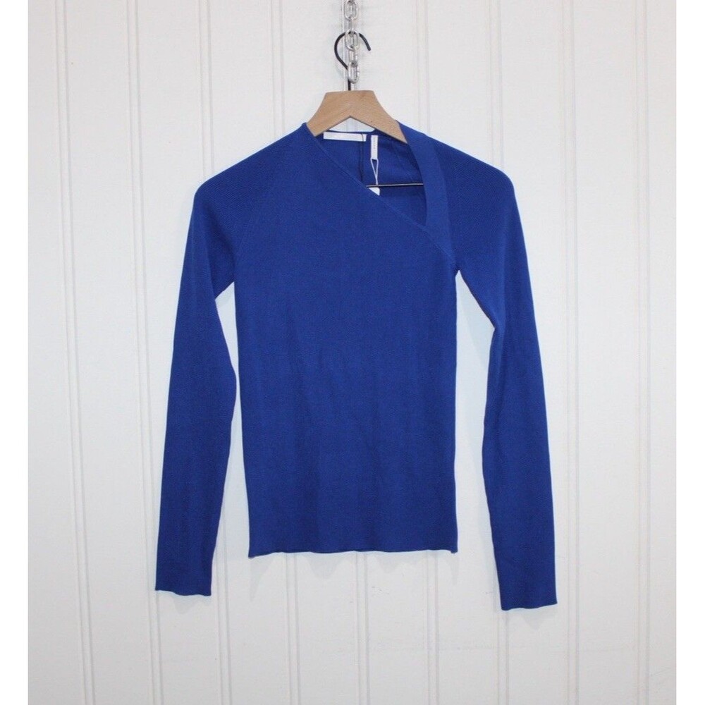 Helmut Lang Asymmetric Rib Knit Sweater Top Blue Size Small Designer Luxury NWT